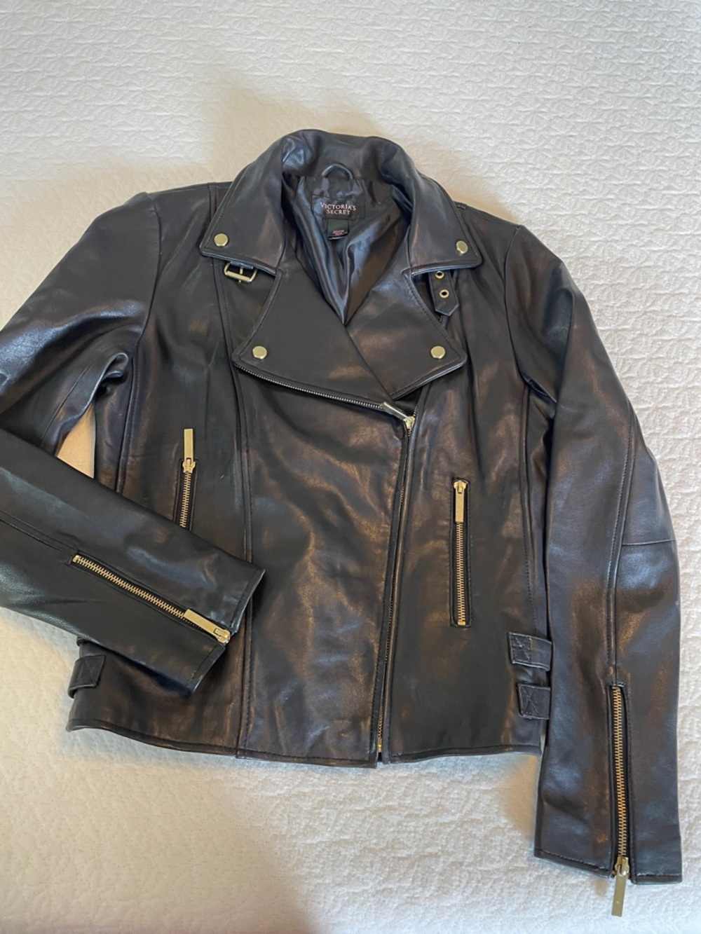 Victoria's Secret Black Leather Moto Jacket with Gold Hardware